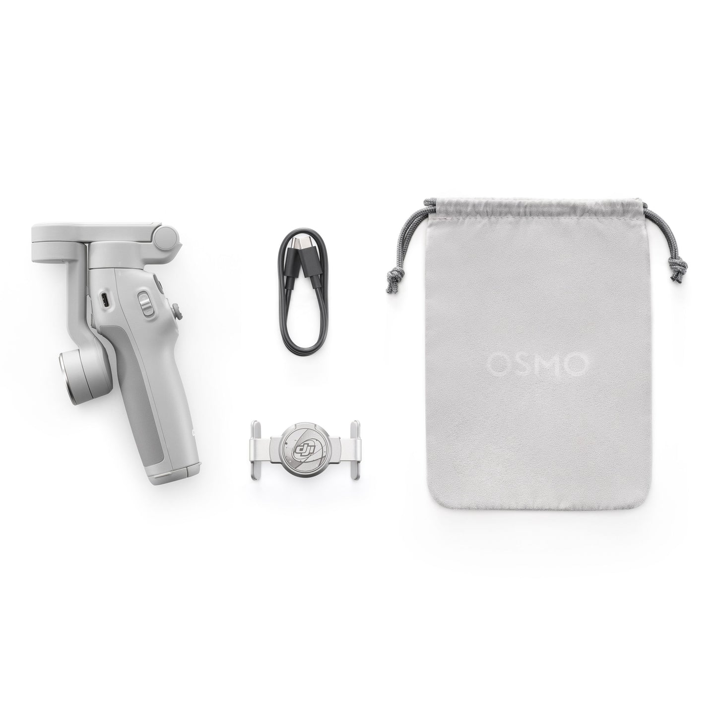 DJI Osmo Mobile 7 Gimbal grå med USB-kabel, smartphoneholder og lysgrå OSMO pose.