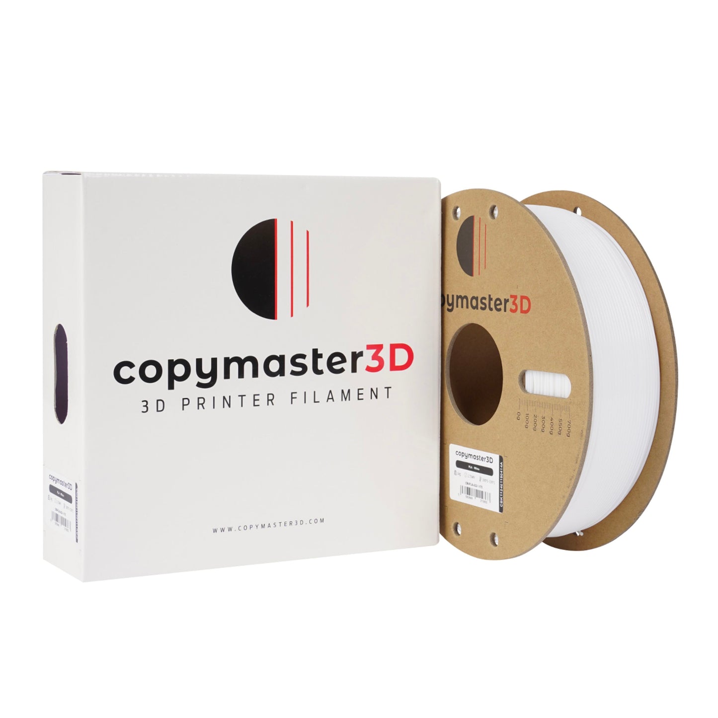 Copymaster3D PLA-filament 1,75 mm hvid på papspole ved siden af æske med 3D Printer Filament-text.