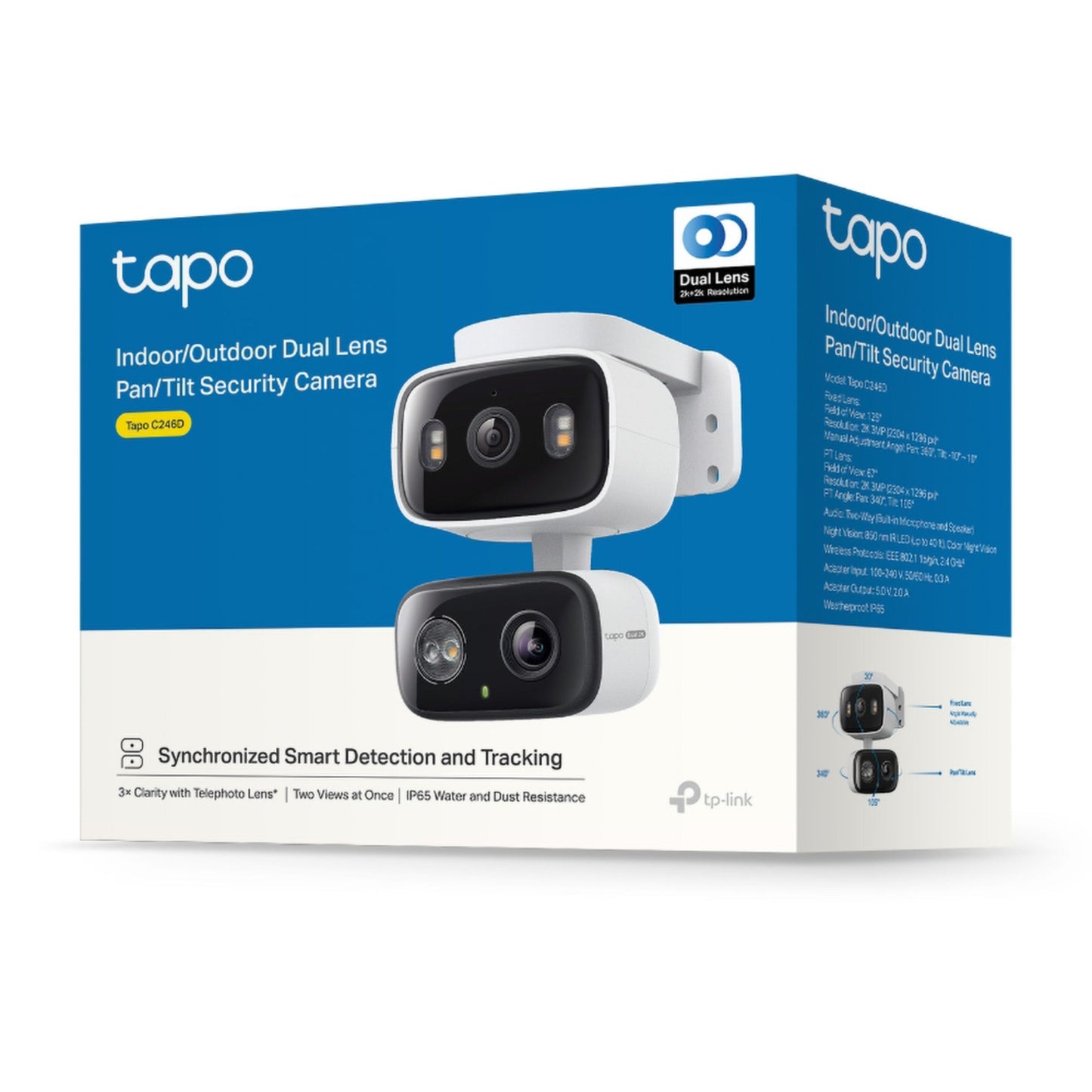TP-Link Tapo C246D trådløst overvågningskamera blå/hvid emballage pan/tilt smart registrering dual lens indendørs/udendørs.