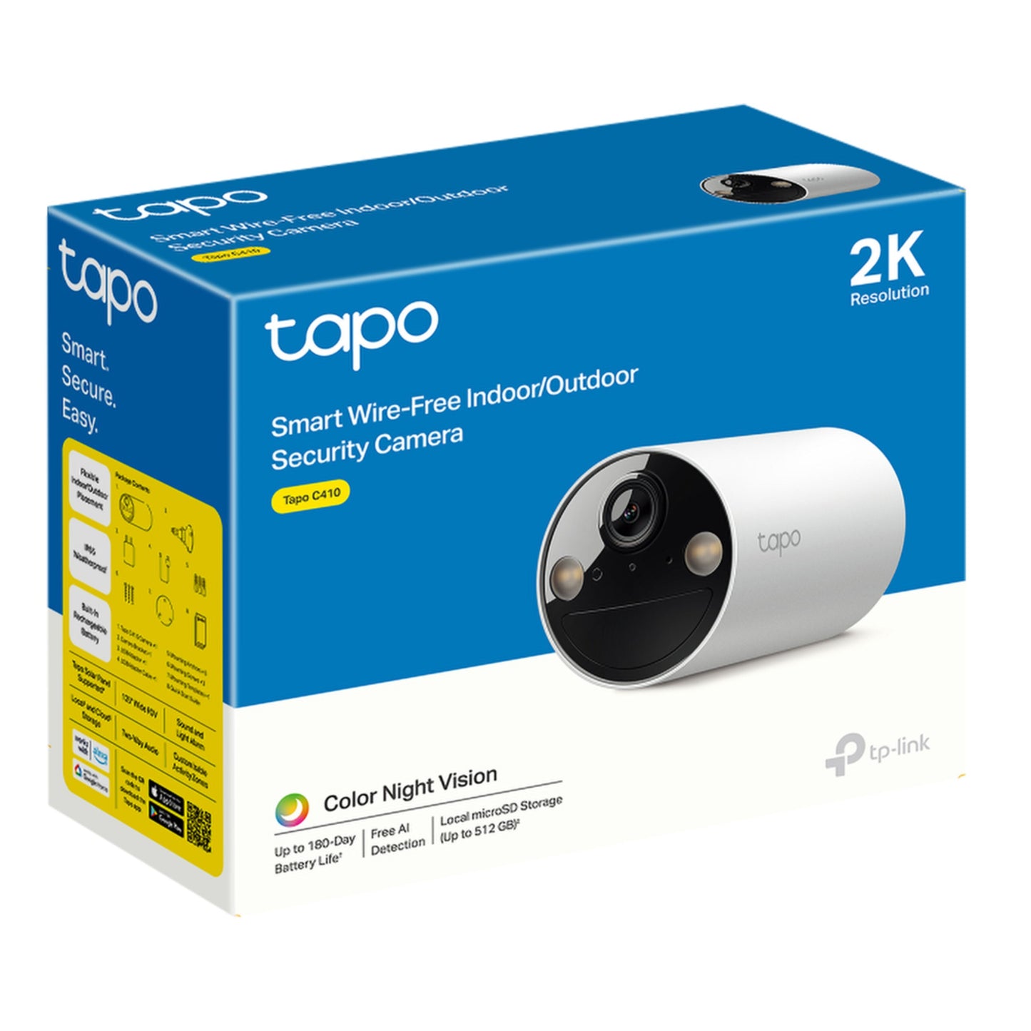 TP-Link Tapo C410 batteridrevet kamera æske, blå/gul, stor kameravisning, 2K opløsning, color night vision, 180 dages batteri.