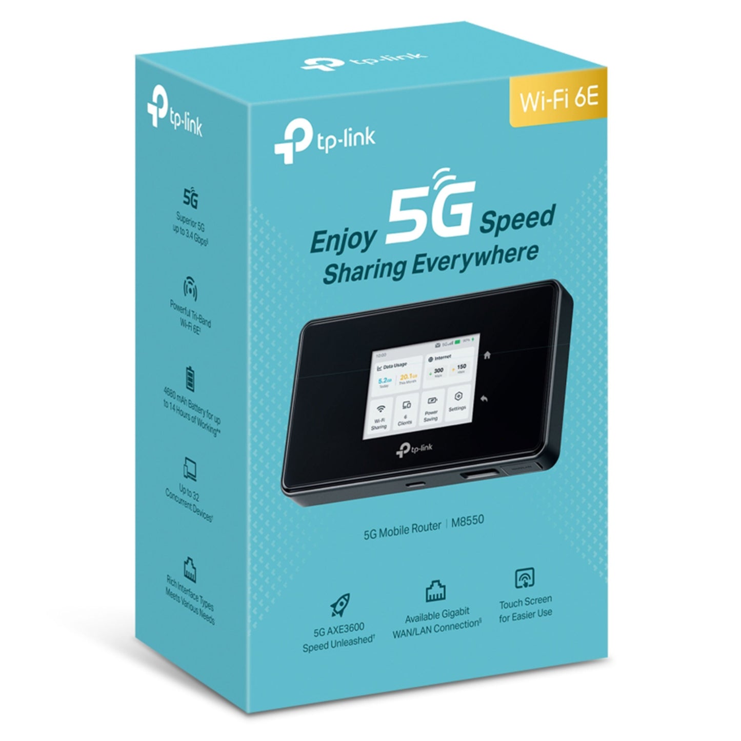 TP-Link M8550 5G-router AXE3600 blåt/hvidt box WiFi 6E touchscreen gigabit "internet på farten" vist på emballagen.