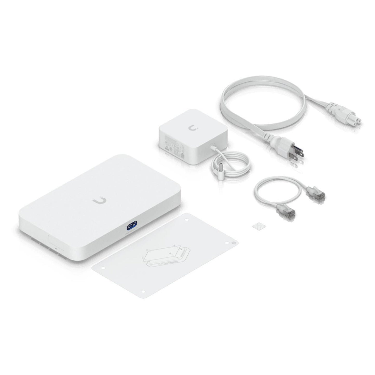 Ubiquiti Cloud Gateway Fiber kit med router, strømforsyning, 2 Ethernet-kabler, monteringsplade, SIM-kort, instruktionskort.