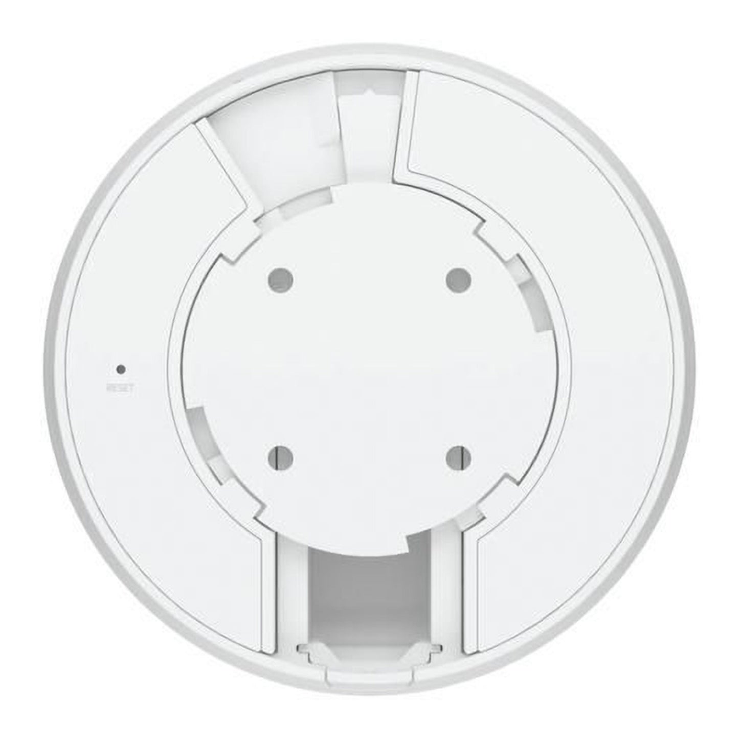 Ubiquiti G5 Dome PoE-overvågningskamera set oppefra med centralt cirkulært design, fire huller og flere kant-slidser.