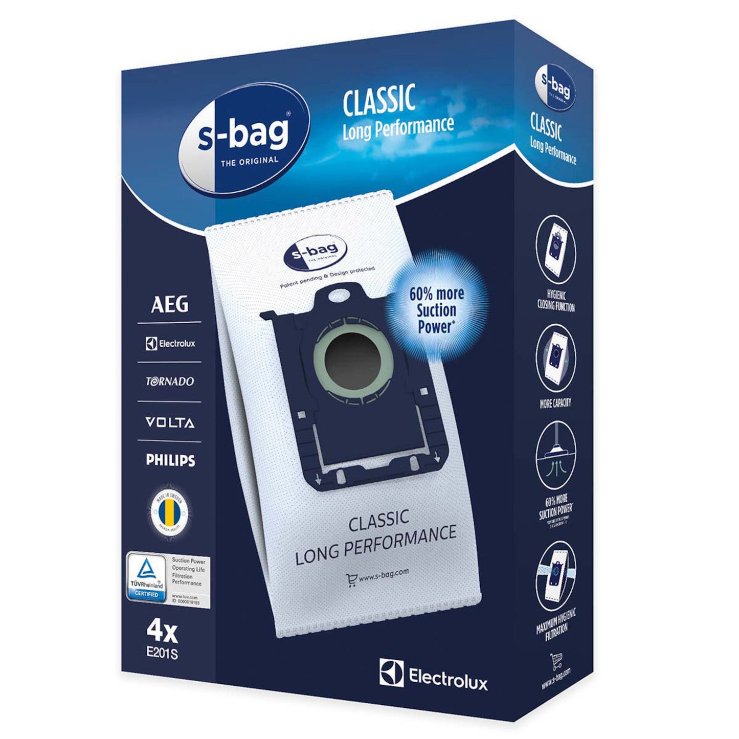 Electrolux støvsugerposer 4-pak standard syntetisk, passer til AEG, Tornado, Volta, Philips, navy blå æske.