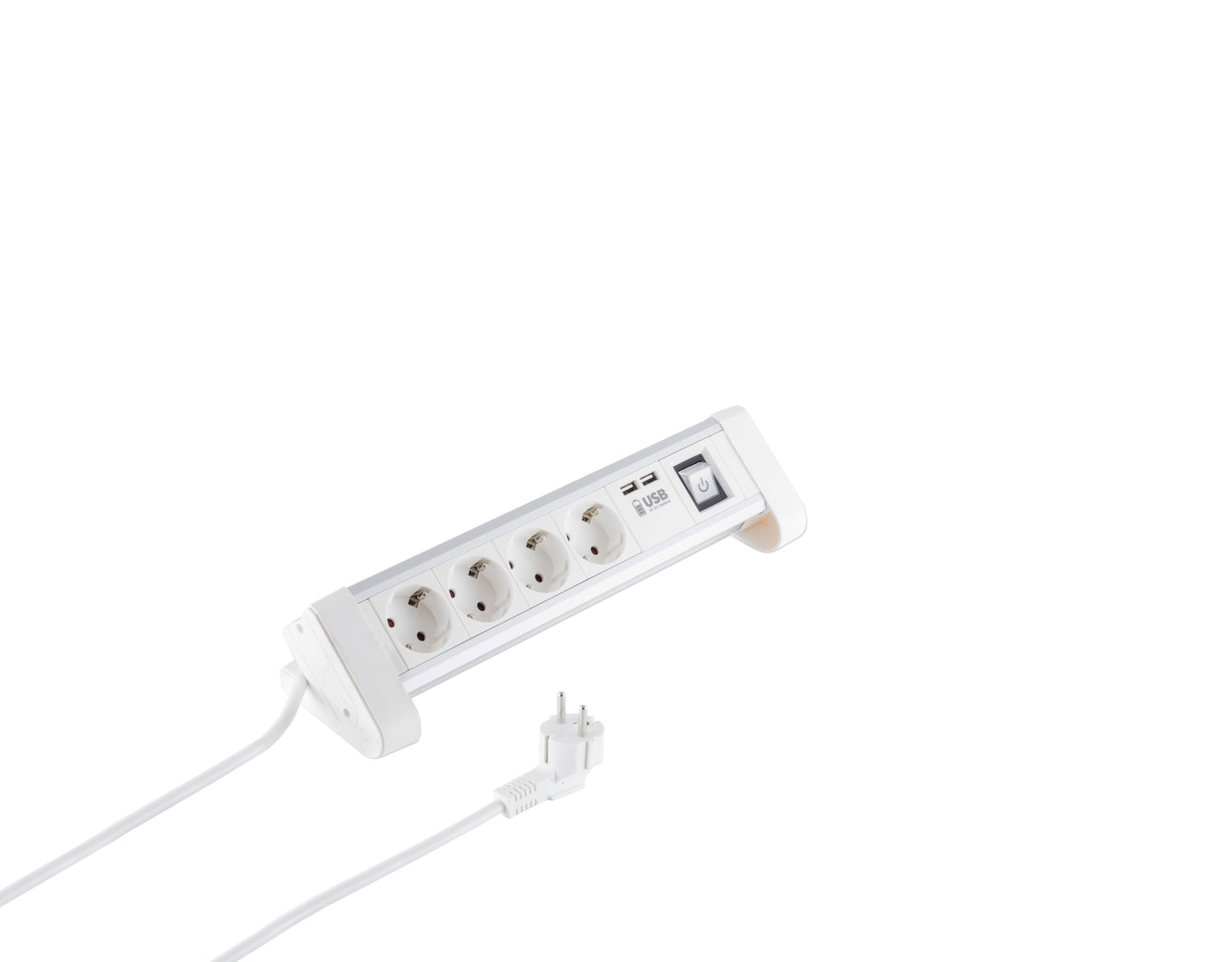 4-vejs bordstikdåse med 2x USB, fire udtag, on/off-knap og ledning med stik i hvid.