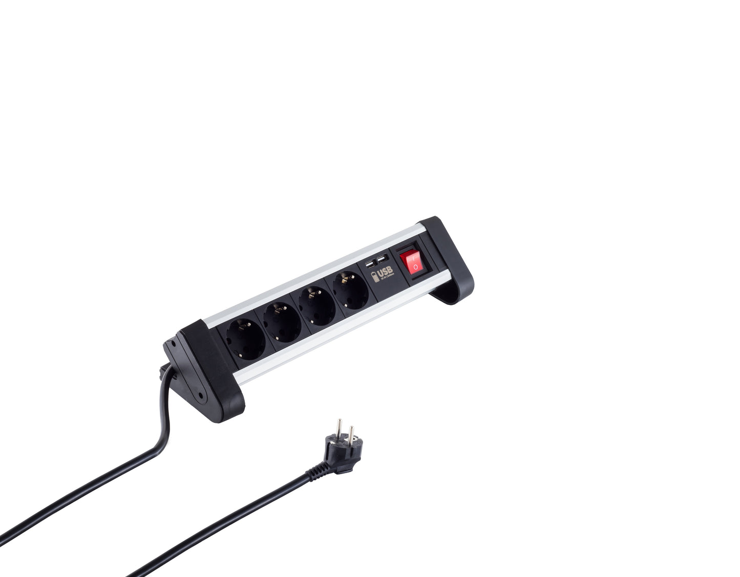 4-vejs bordstikdåse med 2 USB-porte, sort, rød tænd/sluk-knap og sort EU-strømledning.