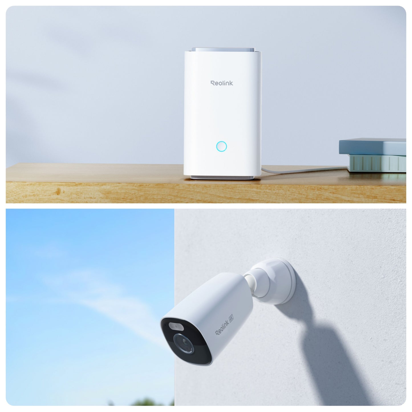 Reolink Home Hub med 2x Argus Eco Ultra 4K-kamera, hvid hub på træ, udendørsmonteret kamera i sort/hvid.