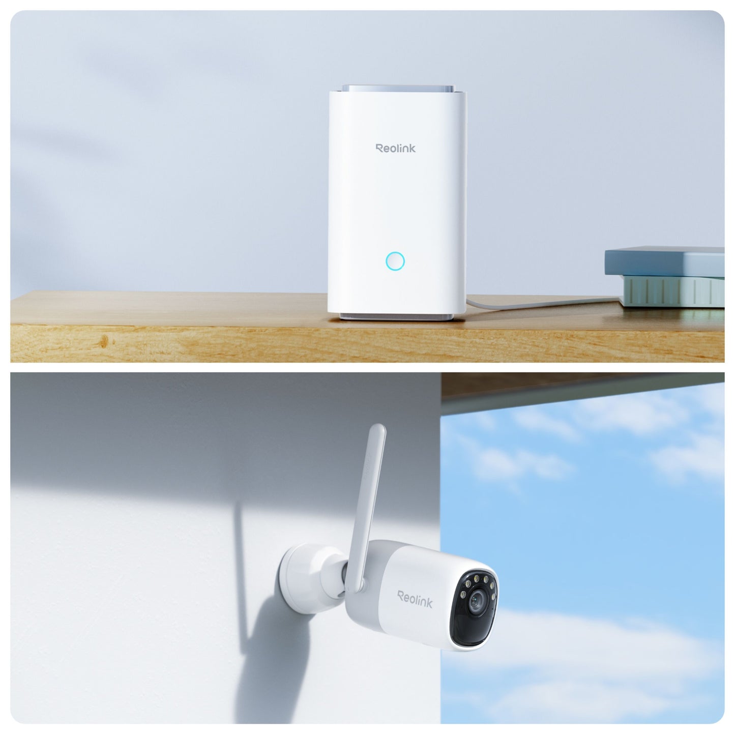 Reolink Home Hub med 2x Altas 2K kameraer med blåt lys på træ, nederst Reolink 2K overvågningskamera udendørs.