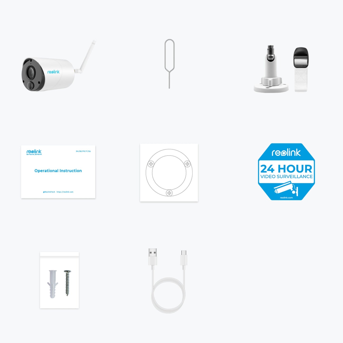 Reolink Argus Eco trådløs overvågningskamera kit med kamera, reset-nål, beslag, monteringsplade, manual og USB-kabel.