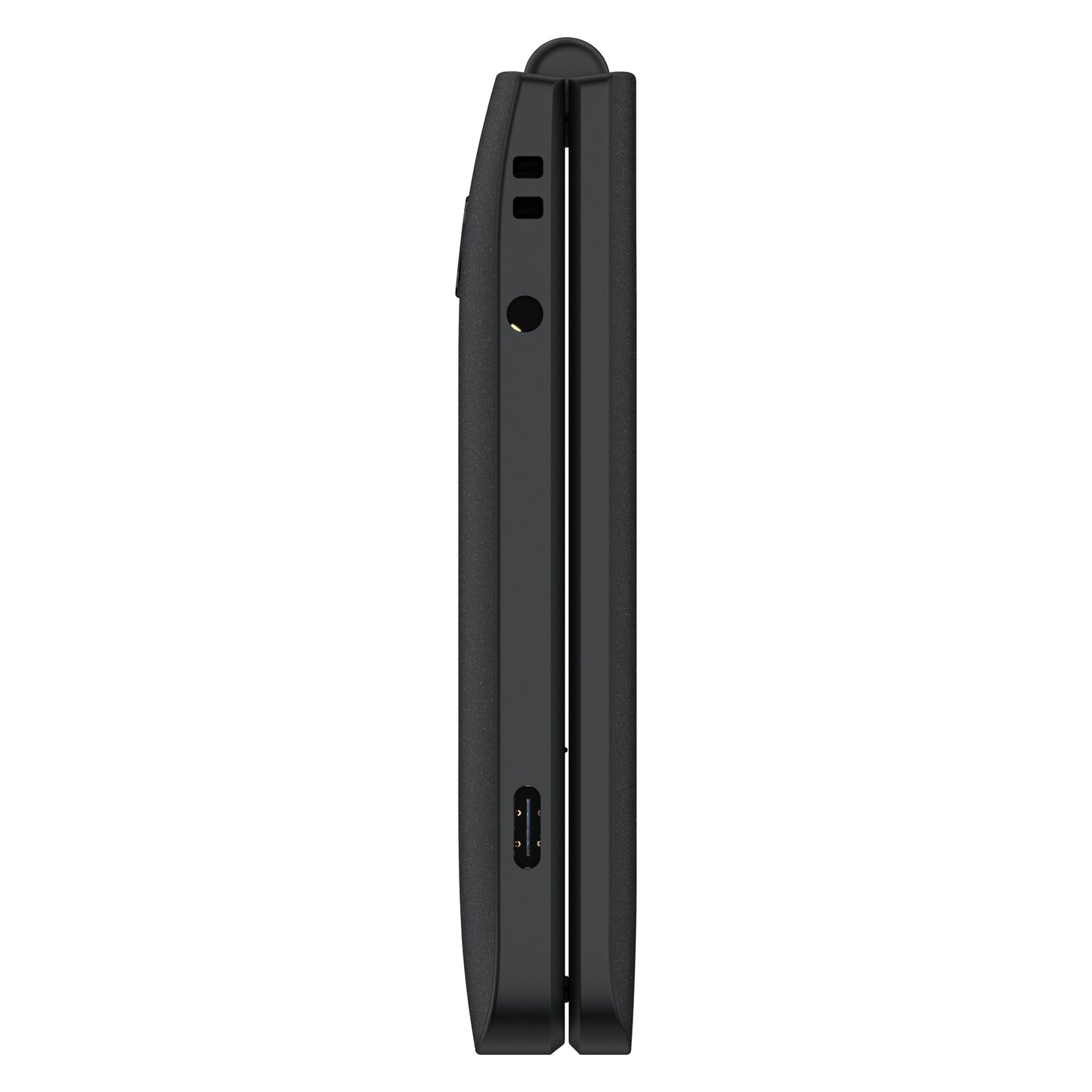 Sort klaptelefon sæt fra siden med hængsel, USB-C-port og hovedtelefonstik, model 4043 ECO.