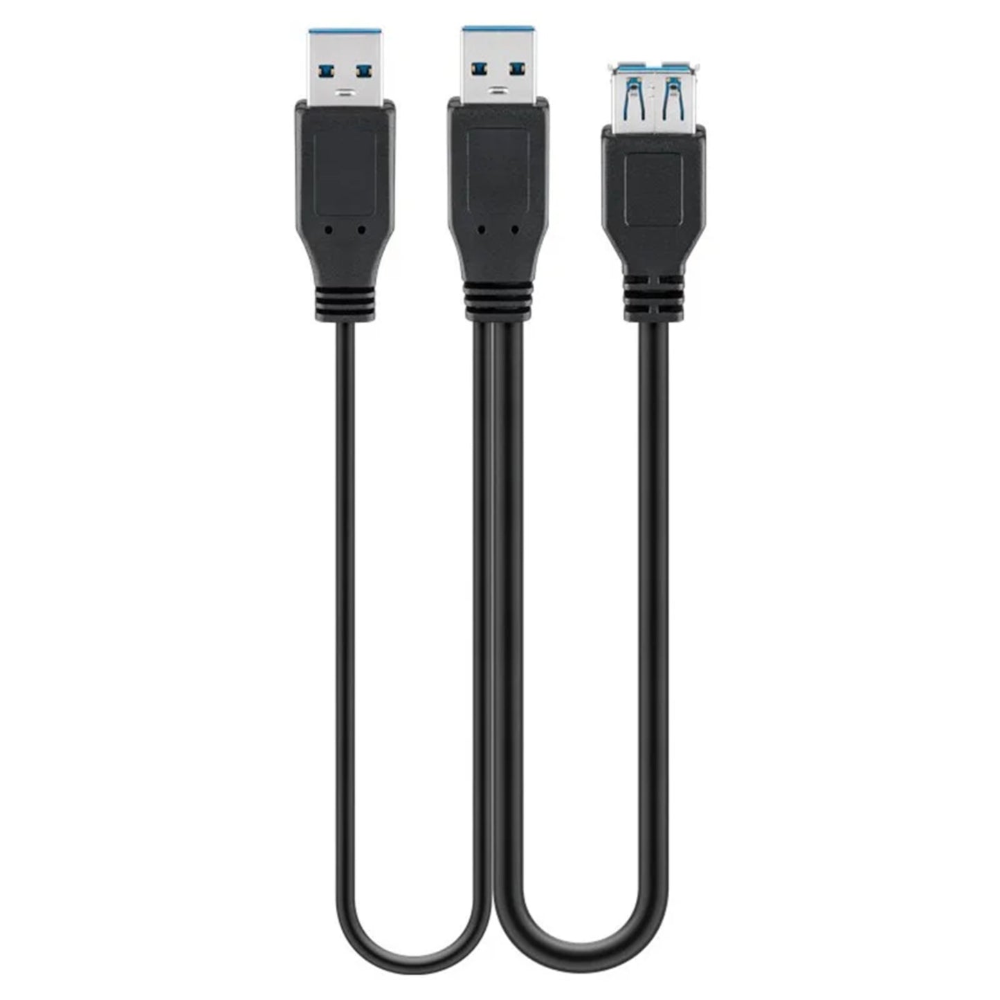 USB 5 Gb/s adapter med ekstra strøm, USB-A han, Micro-B han, Type-A hun med blå indsatser til eksterne harddiske.