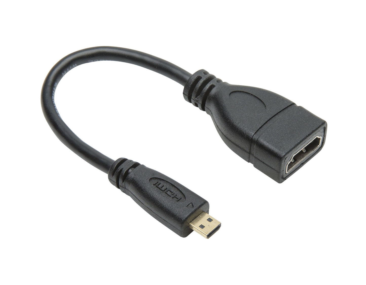 Adapter Micro-HDMI til HDMI sort kabel med micro HDMI han-stik og standard HDMI hun-port.