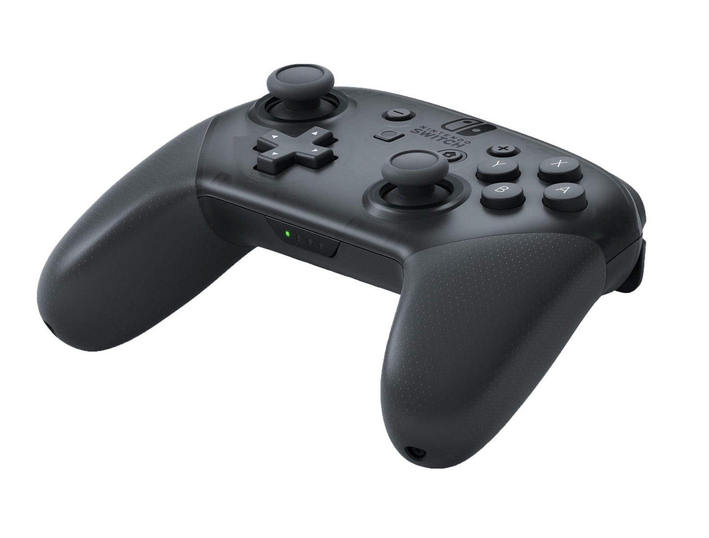 Nintendo Pro controller sort, to analoge pinde, D-pad, fire knapper og teksturerede greb på begge håndtag.