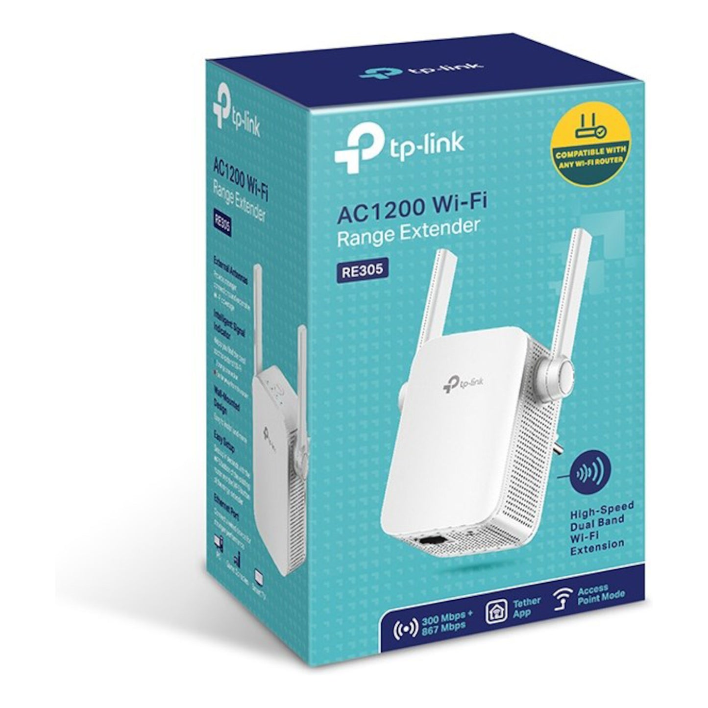 TP-Link Wifi-repeater RE305 AC1200, blå/grøn æske, to antenner, produktinfo og kompatibilitet synlig.