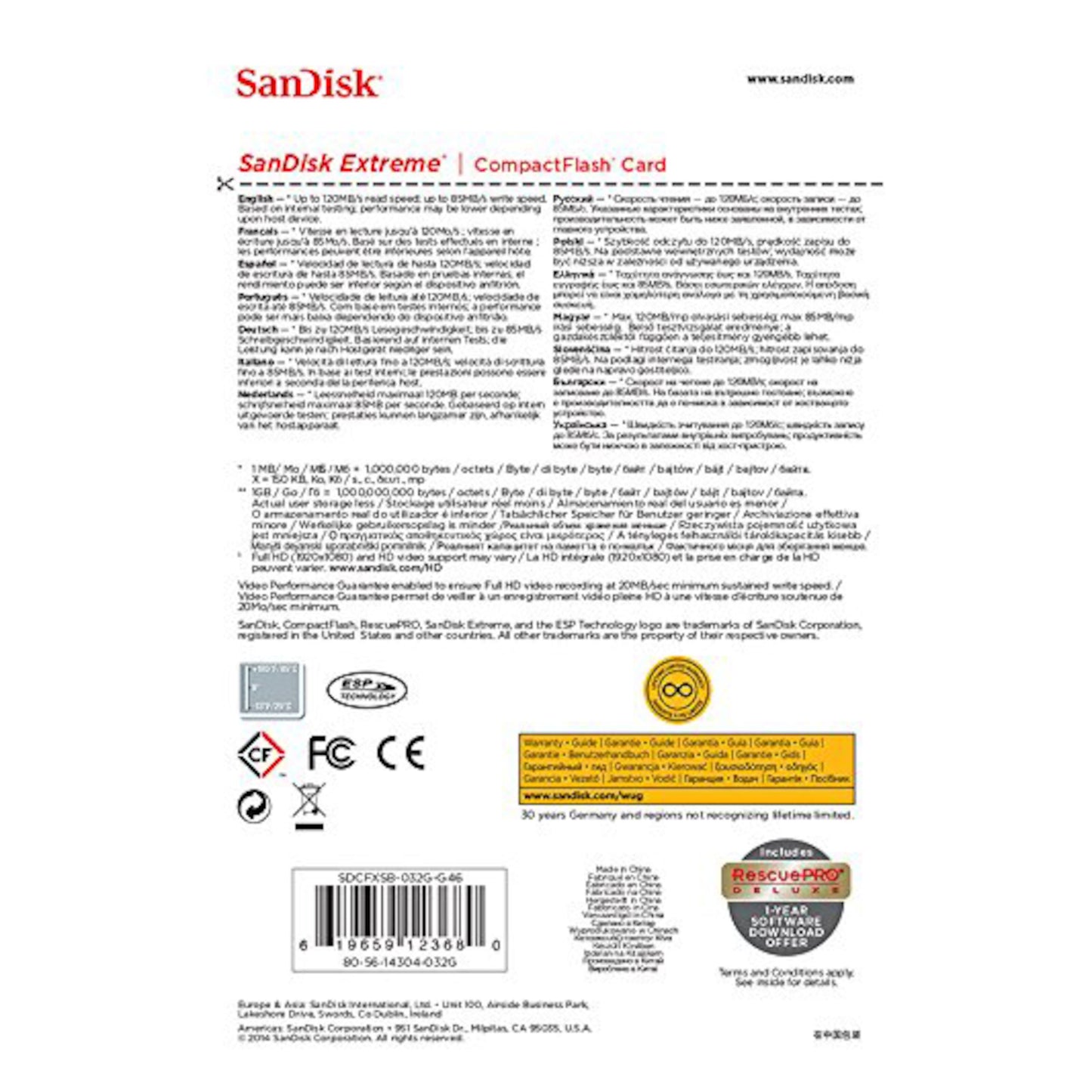 Sandisk Ekstremt CF-kort 32 GB bagside med produktinfo, tekniske specifikationer, kompatibilitet, garanti, stregkode, certifikatlogoer.