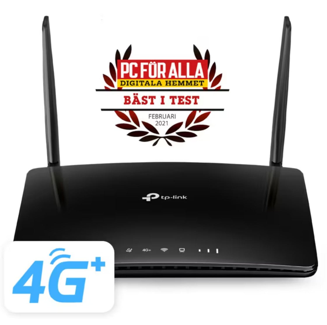 TP-Link Archer MR600 4G+ router sort med AC1200 modem, to antenner, Wireless AC, 4G+-symbol og Bäst i Test-logo.