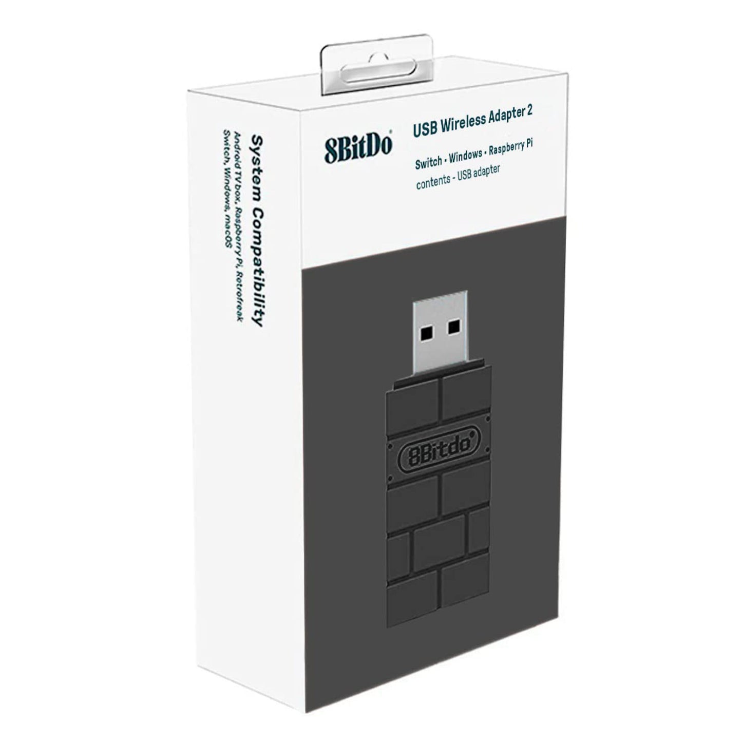 8Bitdo Trådløs USB-adapter 2 sort, kompatibel med Nintendo Switch, Windows og Raspberry Pi på produktæske.
