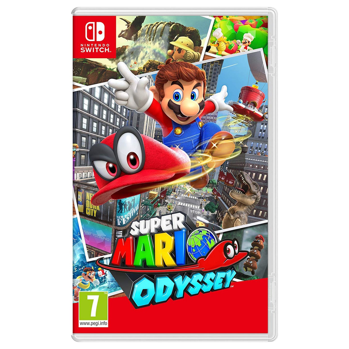 Super Mario Odyssey cover med Mario og Cappy foran farverig collage af spilverdenen Nintendo Switch.