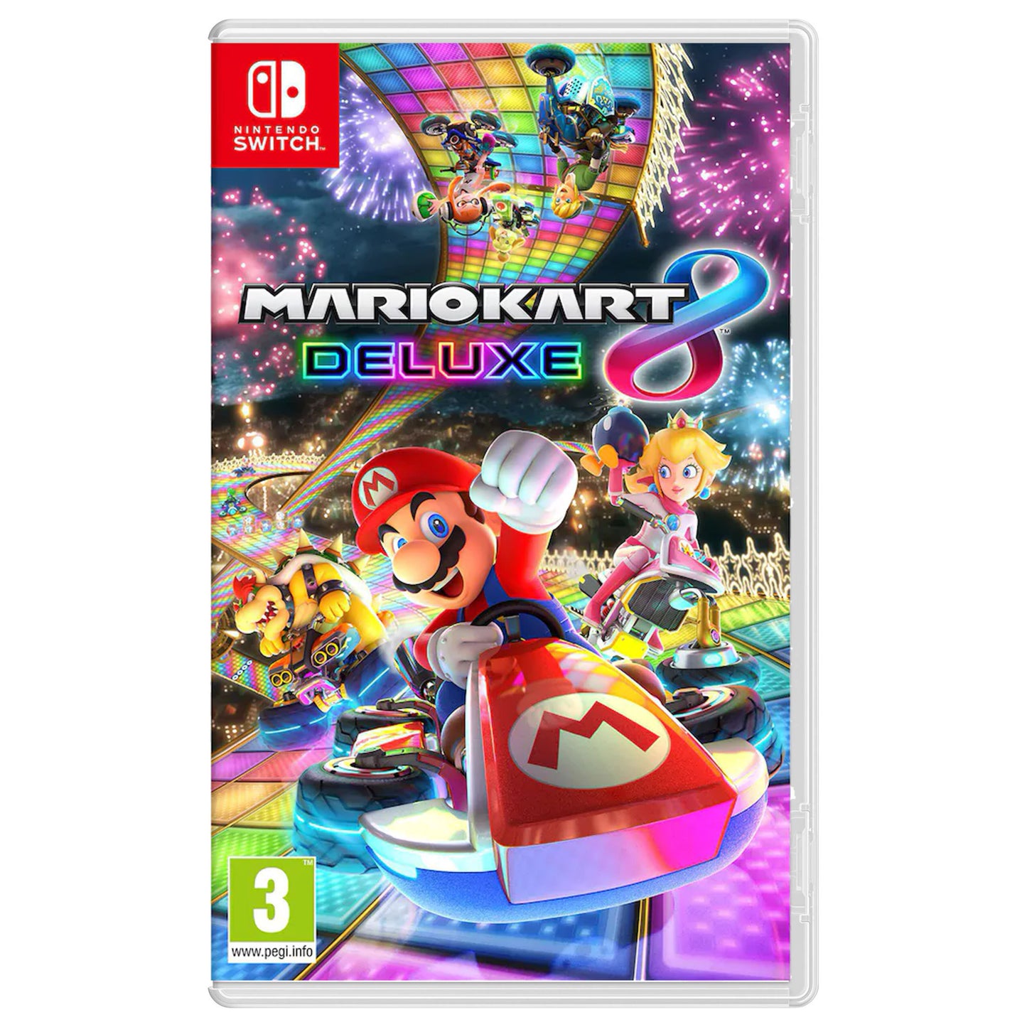 Nintendo Mario Kart 8 Deluxe spilæske til Switch med Mario, Peach og Bowser, DLC banner, PEGI 3, mærke: Nintendo.