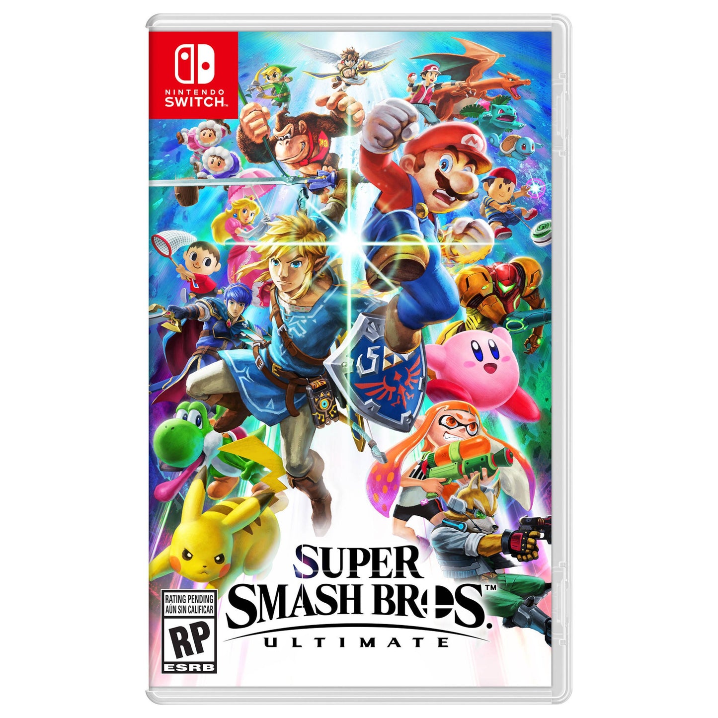Nintendo Switch Super Smash Bros. Ultimate cover med Mario, Link, Pikachu, Kirby, Samus og Donkey Kong i actionscener.
