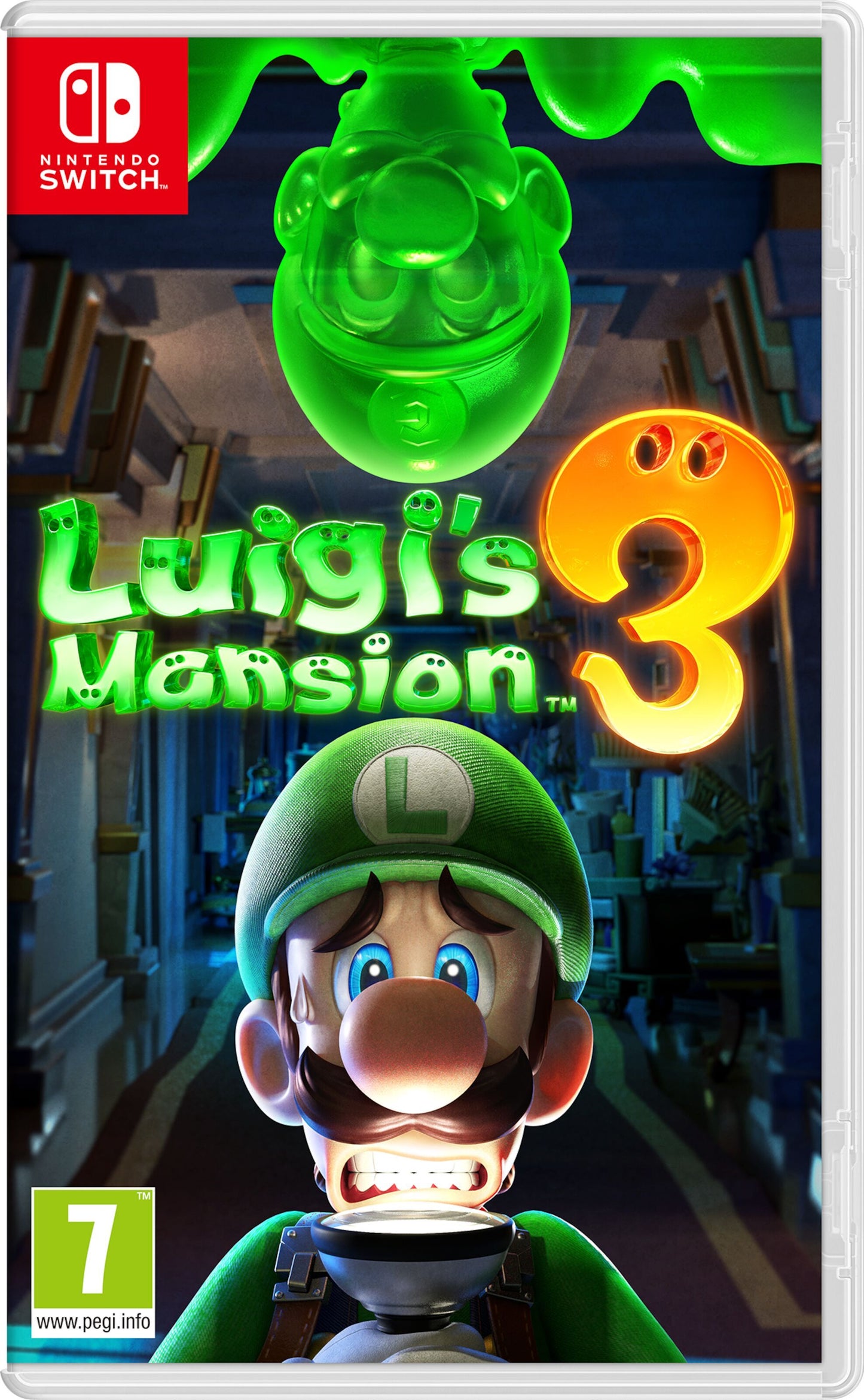 Nintendo Luigi's Mansion 3 spilcover til Nintendo Switch med Luigi, grøn spøgelses-tvilling og PEGI 7-ikon.