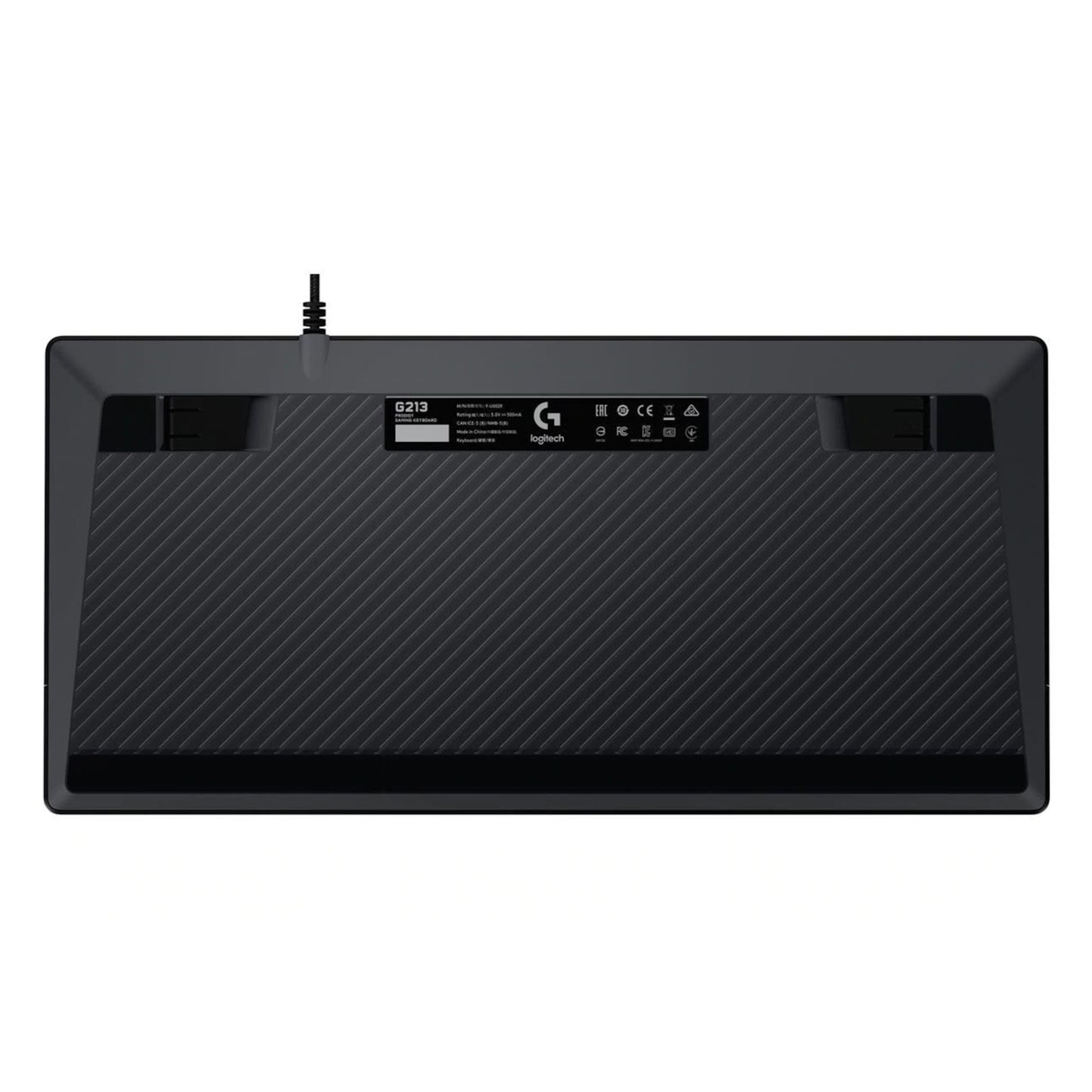 Logitech G213 Prodigy Gaming Keyboard underside med to fødder, topplaceret kabel, grebsriller og central teknisk label.
