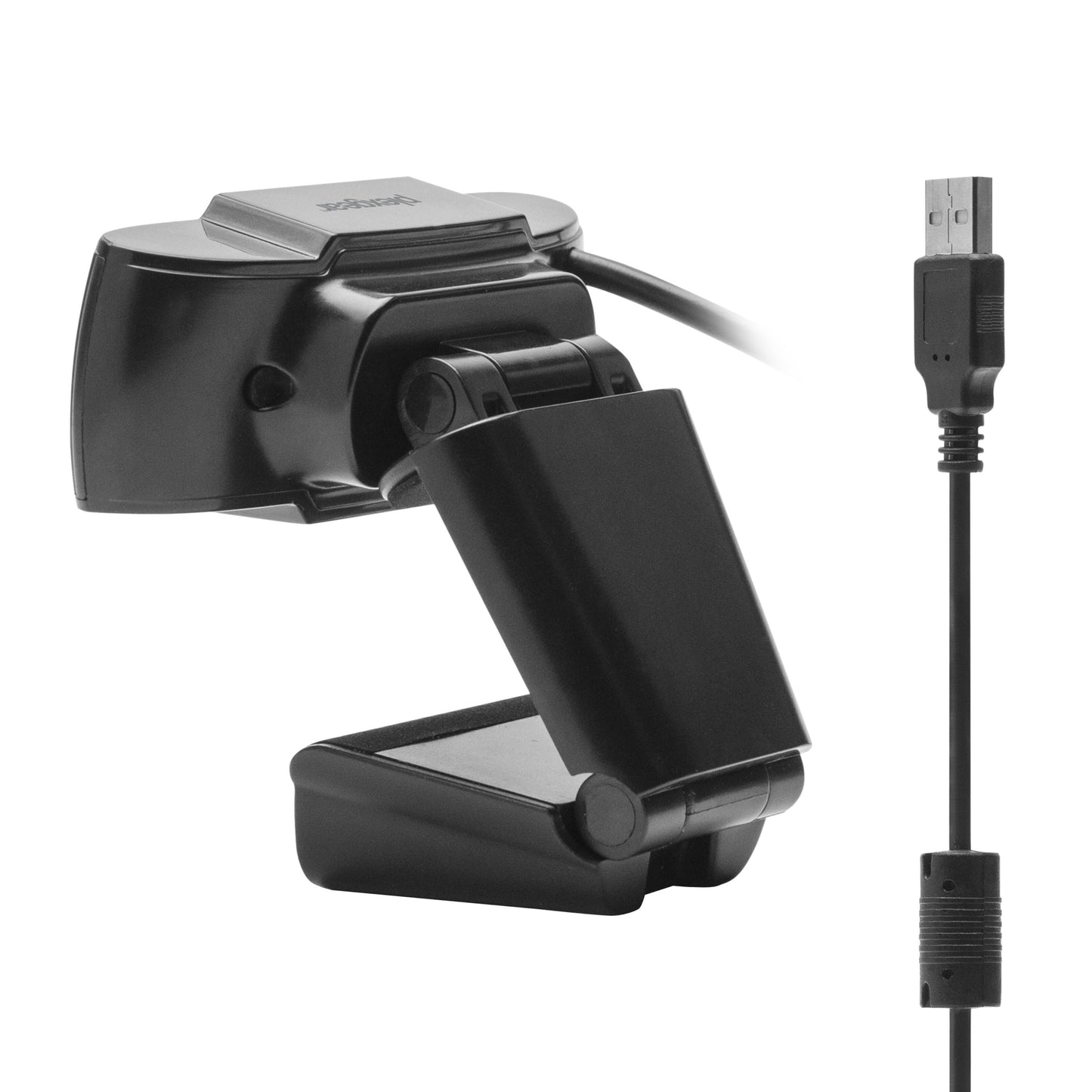 Sort foldbar Full HD-webkamera med indbygget mikrofon, USB-tilslutning, fastgjort kabel og USB-stik.