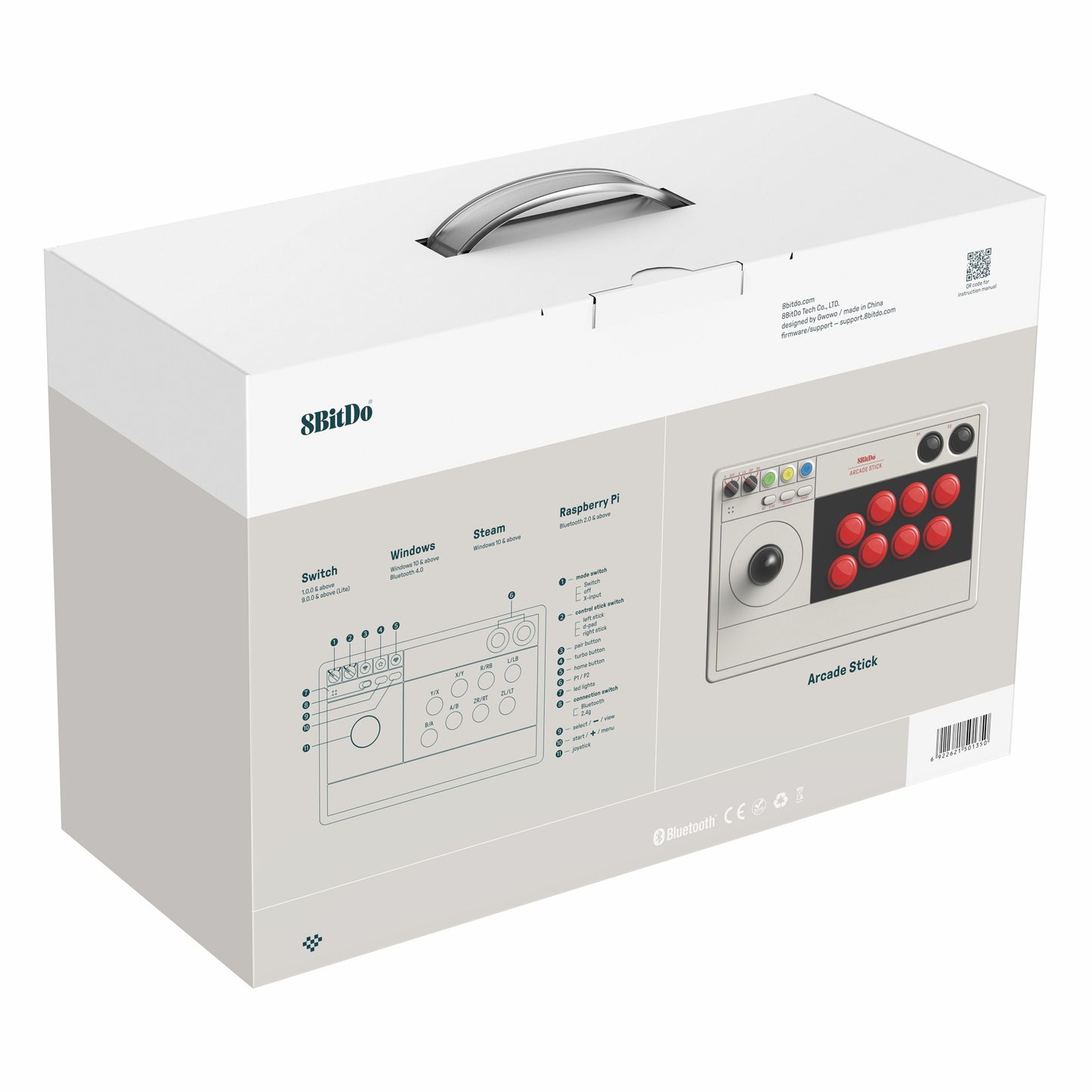 8Bitdo Arkade joystick æske bagside med diagram, kompatibel med Nintendo Switch, Windows, Steam, Raspberry Pi, rød/sorte knapper.