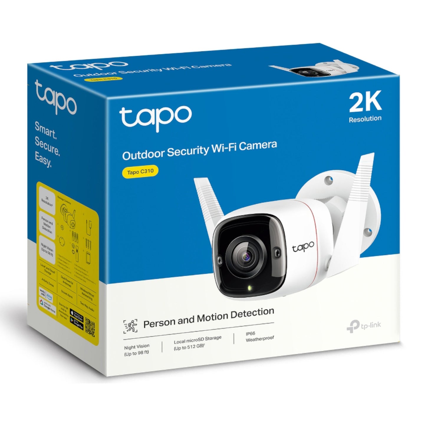 TP-Link Tapo C310 trådløst overvågningskamera 2K, person- og bevægelsesdetektion, nattesyn, microSD-blå/gul æske.