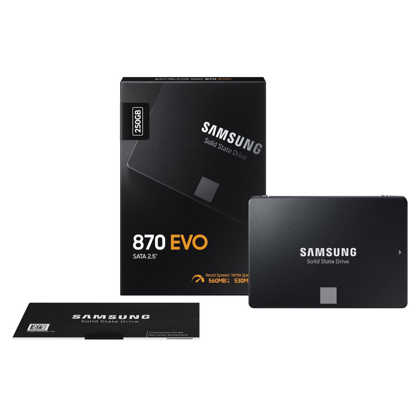Samsung 870 EVO SSD 250 GB ved siden af emballage med modelnavn og kapacitet 250 GB synligt på æsken.