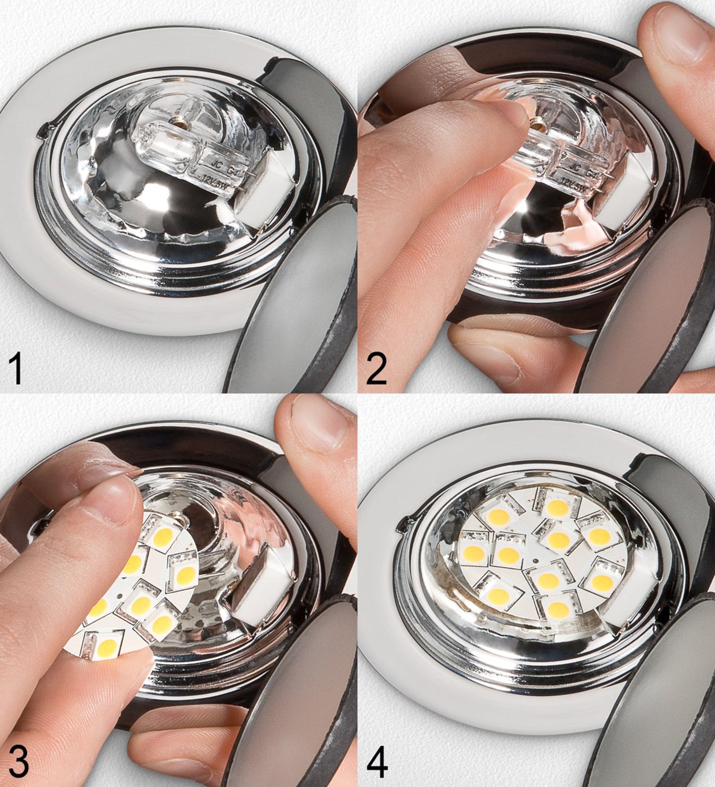 Udskiftning af runde halogenpærer i sølvfatning med Goobay LED-modul G4 230 lm, trin 1-4 vises tydeligt.