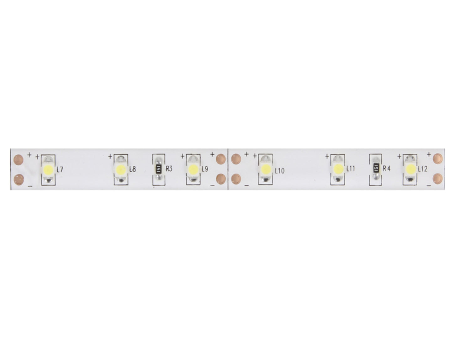 Ledsavers LED-strip Hvid 3m, tæt på med synlige enkelte LED'er, modstande og kobberkontakter på fleksibelt print.