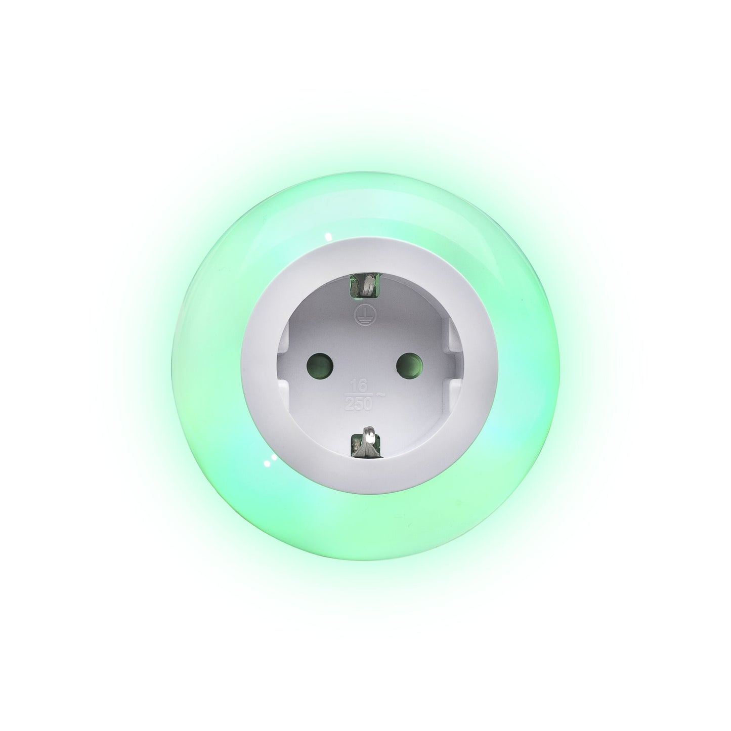 Natlampe, rund type til europæisk stikkontakt, grøn LED-ring, skumringsrelæ til automatisk tænd/sluk ved lavt lys.