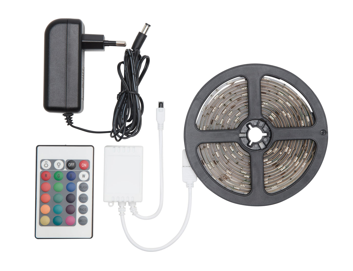 LED-strip RGB 5 m med sort strømforsyning, farverig fjernbetjening, hvid kontrolboks og rulle med coilet LED-bånd.