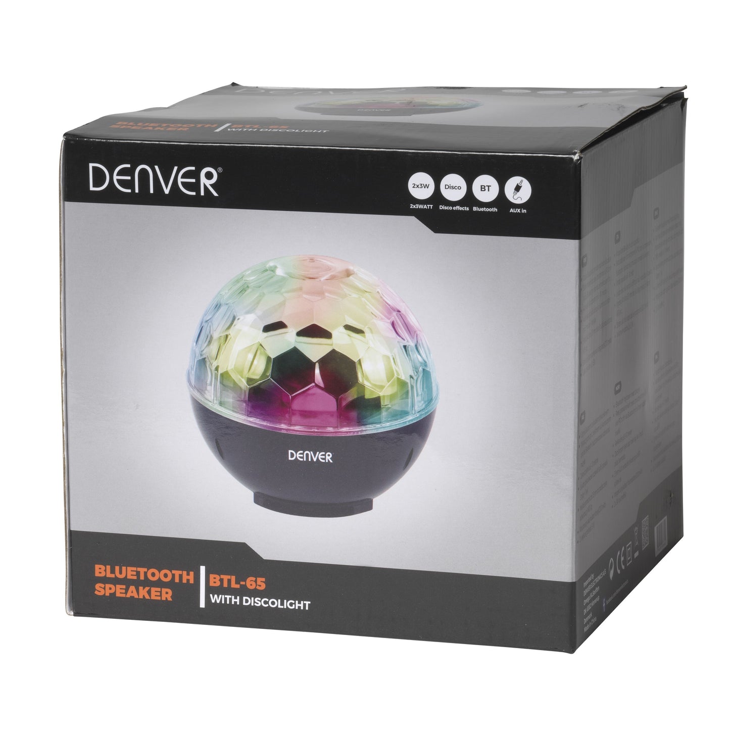 Denver Bluetooth-højttaler med diskolys, globeformet, flerfarvet LED, 2x3W, Bluetooth og AUX-indgang i original emballage.