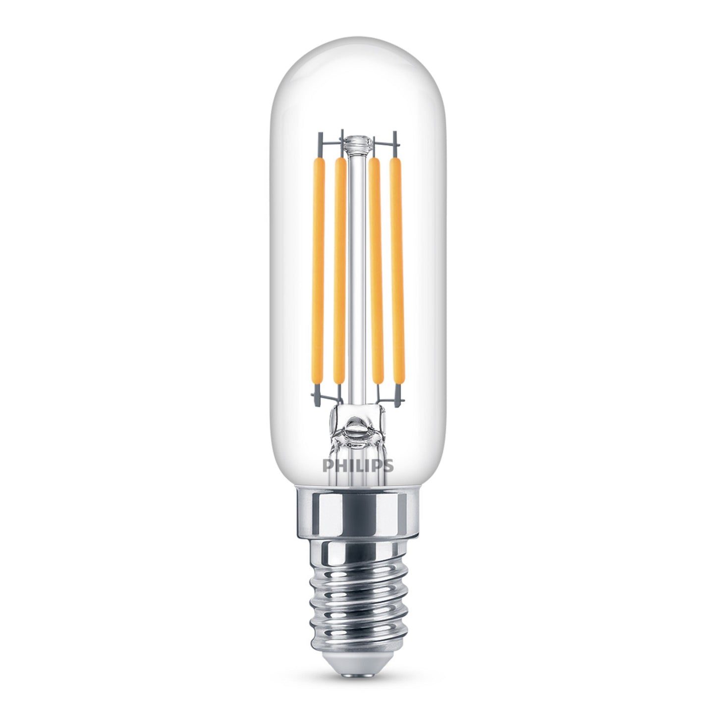 Philips LED-pære E14 470 lm klar cylinder, synlige gule filamenter, E14 metal sokkel, varm hvid belysning.