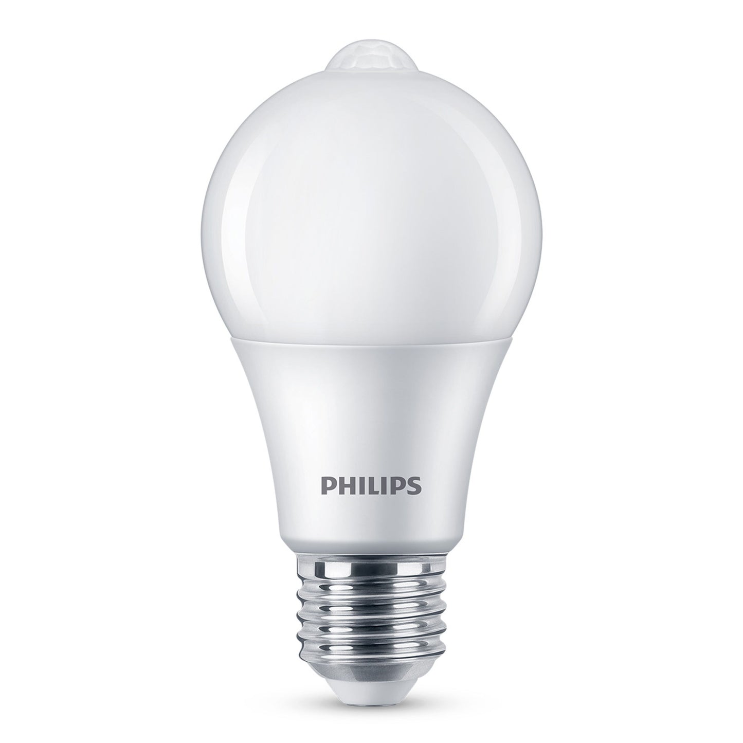 Philips LED-lampe E27 med bevægelsessensor 806 lm, rund glat top, standard skruefatning, synligt Philips-logo på basen.