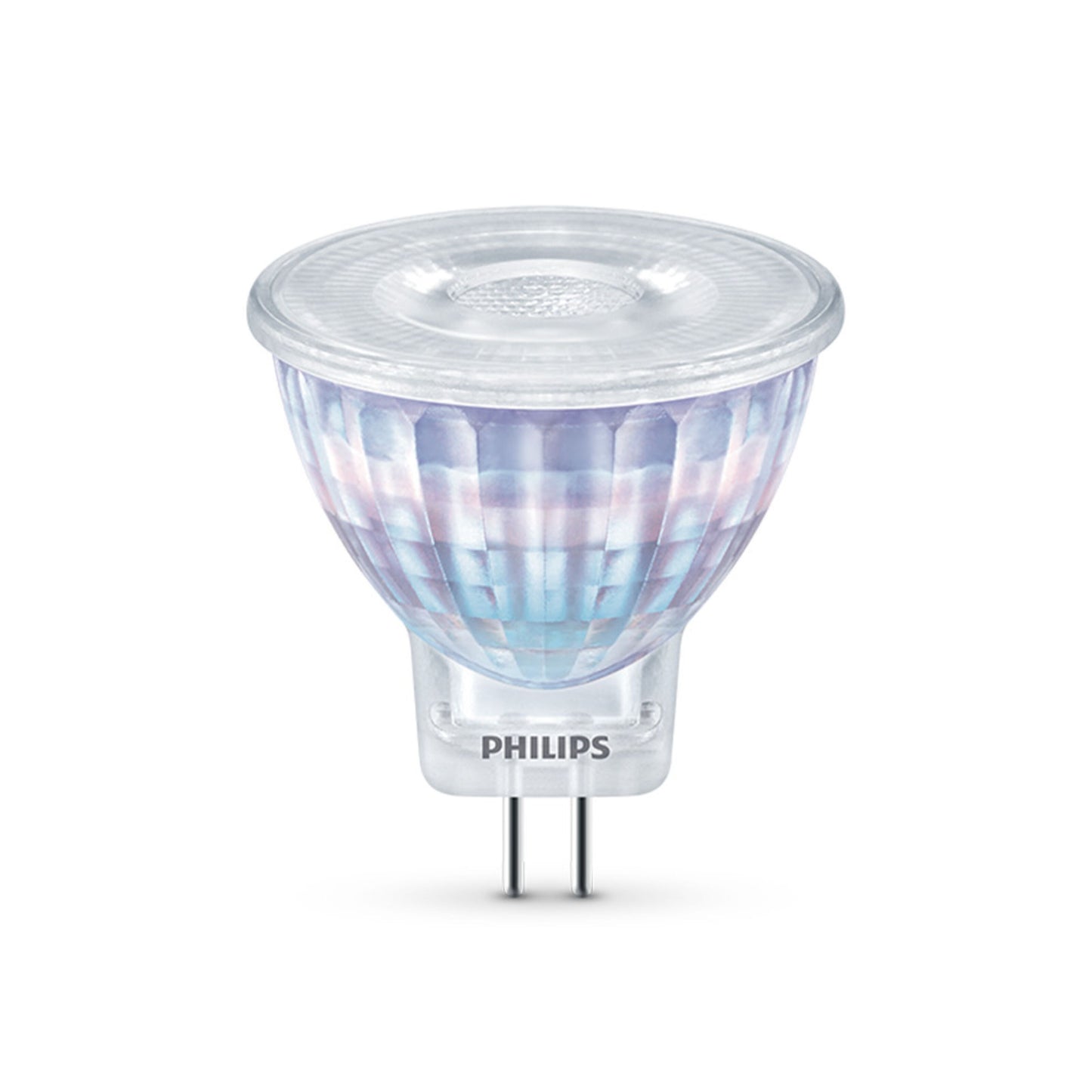 Philips LED-pære GU4 184 lm, klart facetteret glas, to metalben, varm hvid lysfarve.