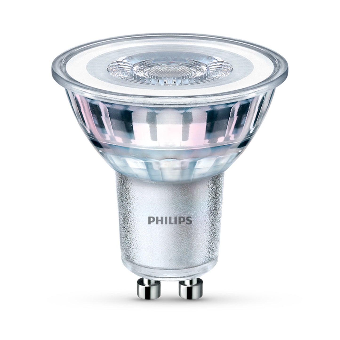 Philips LED-pære GU10 255 lm, gennemsigtigt glas, metallisk base, til pinforbindelser.