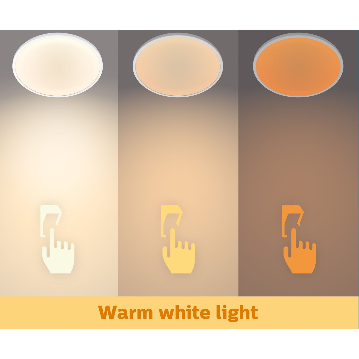 Philips Mauve Sceneswitch LED loftlampe 3-trins dæmpbar, varm hvid belysning, 1500 lm, vises med switch ikon.