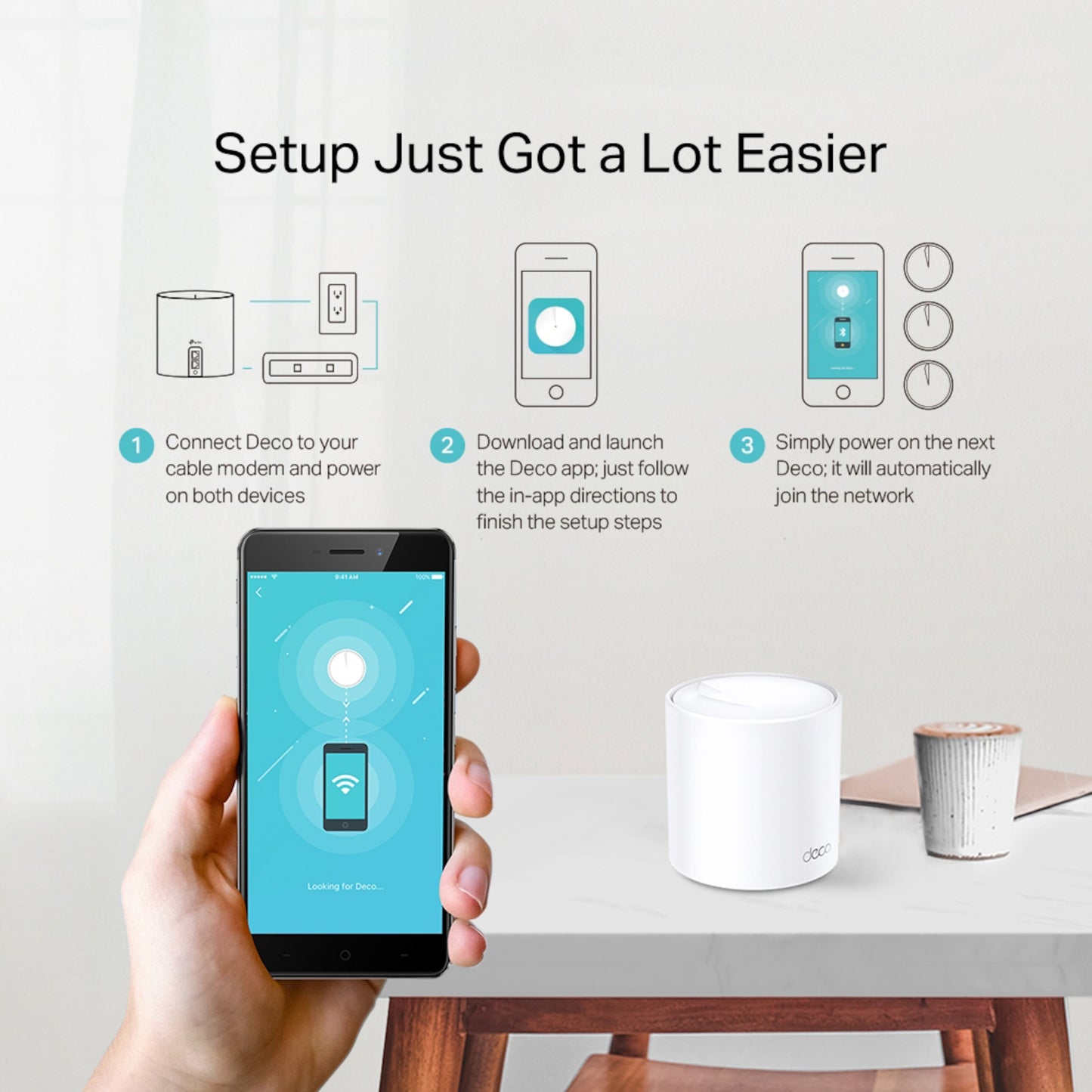 TP-Link Deco X20 Mesh-node AX1800 WiFi 6-router vises med opsætningsskærm på smartphone, enhed på bord ved siden af.