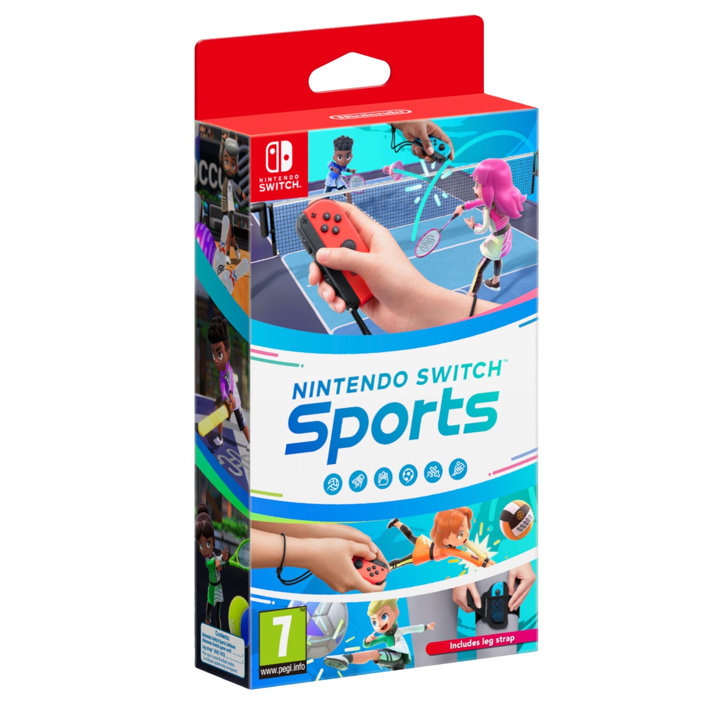 Nintendo Switch Sports spil med animerede figurer i tennis og fodbold, hånd med Joy-Con controllere, synlig spilæske.