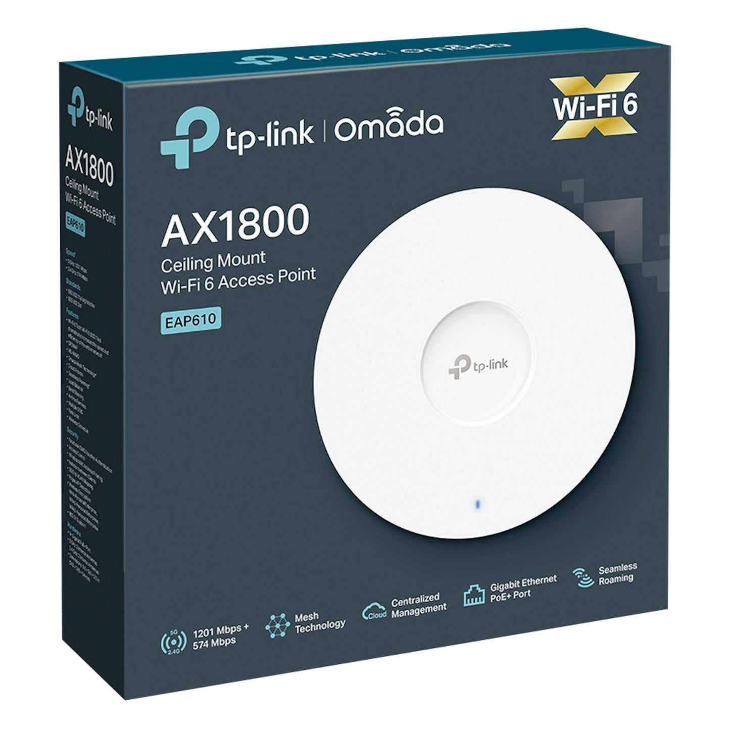 TP-Link Omada EAP610 WiFi 6 AX1800 access point detail på detailæske med modelinfo og produktbillede.