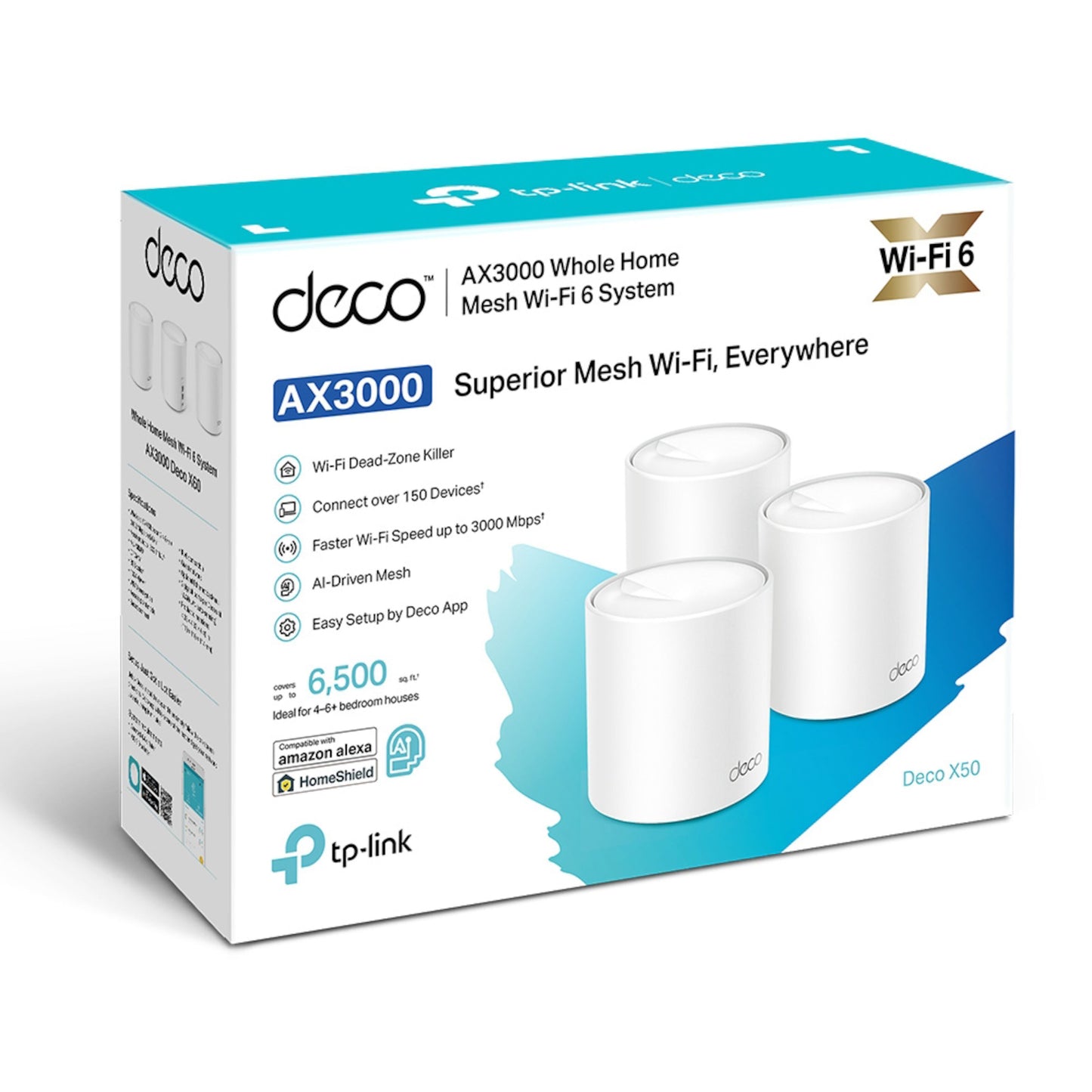 TP-Link Deco X50 AX3000 mesh WiFi 3-pak hvide enheder 6500 sq ft dækning WiFi 6 Alexa kompatibel.