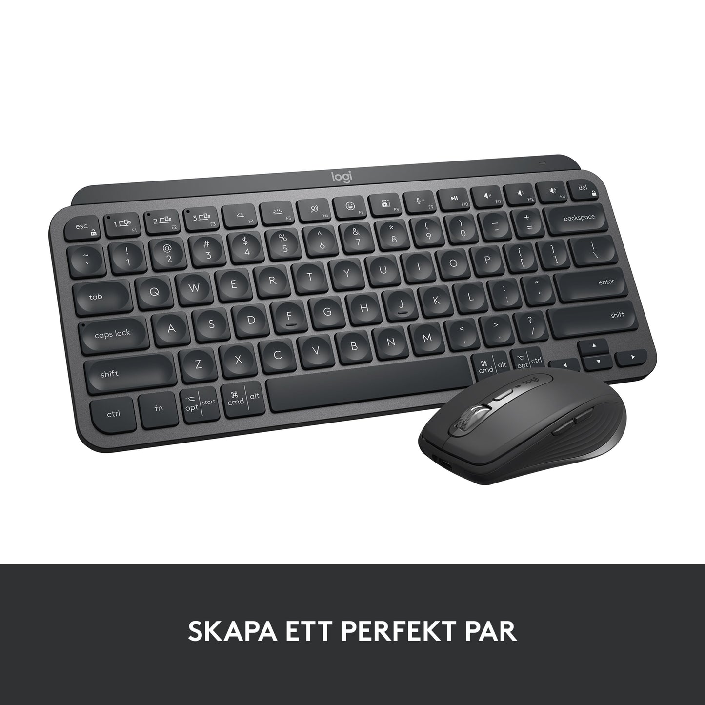 Logitech MX Keys Mini trådløst tastatur grå, banner med svensk tekst 'SKAPA ETT PERFEKT PAR'.