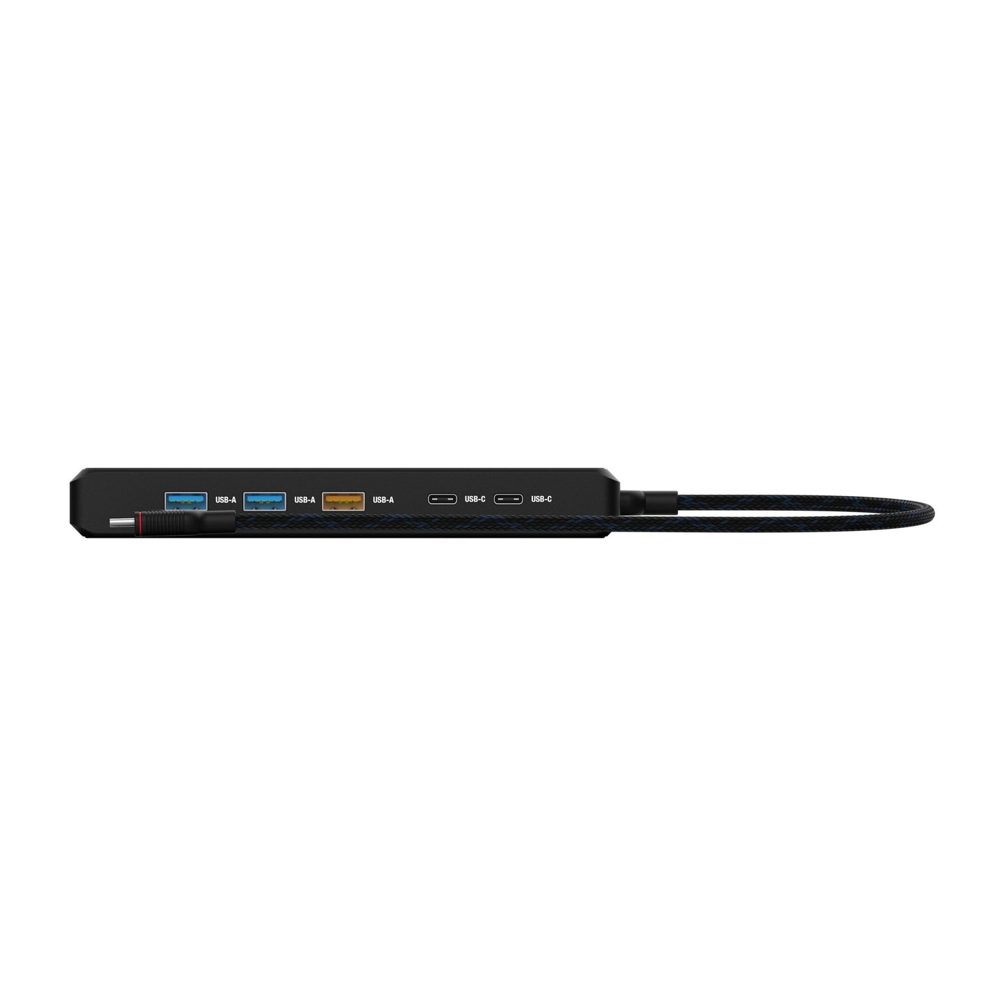 Unisynk USB-C-hub 12 porte sort, tre USB-A, to USB-C, højre kabel, front etiketter, understøtter dobbelt 8K-skærme.