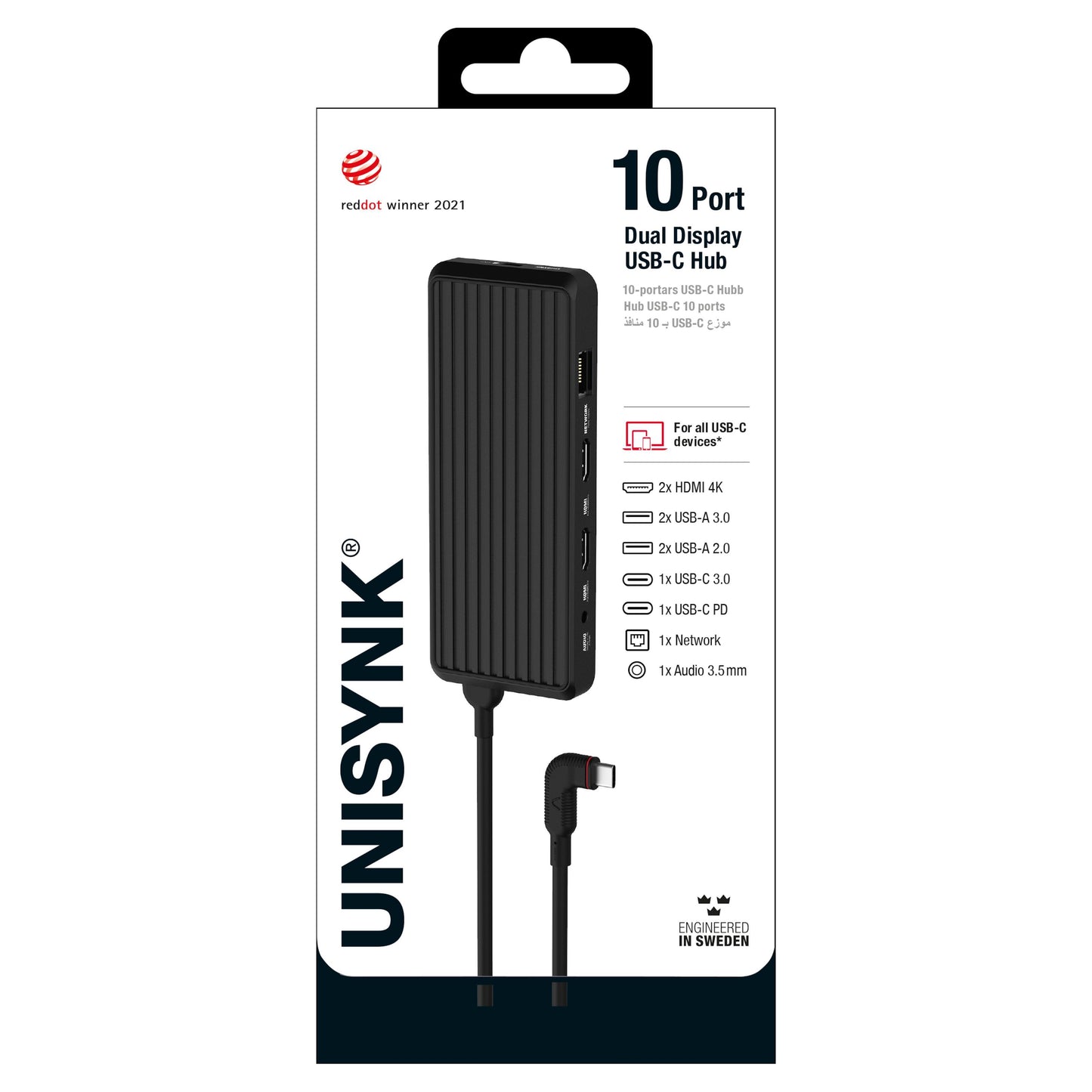 Unisynk USB-C-Hub 10 porte til dobbelt skærm Windows, HDMI, USB-A/C, SD, netværk, lyd, Red Dot Winner 2021 badge.