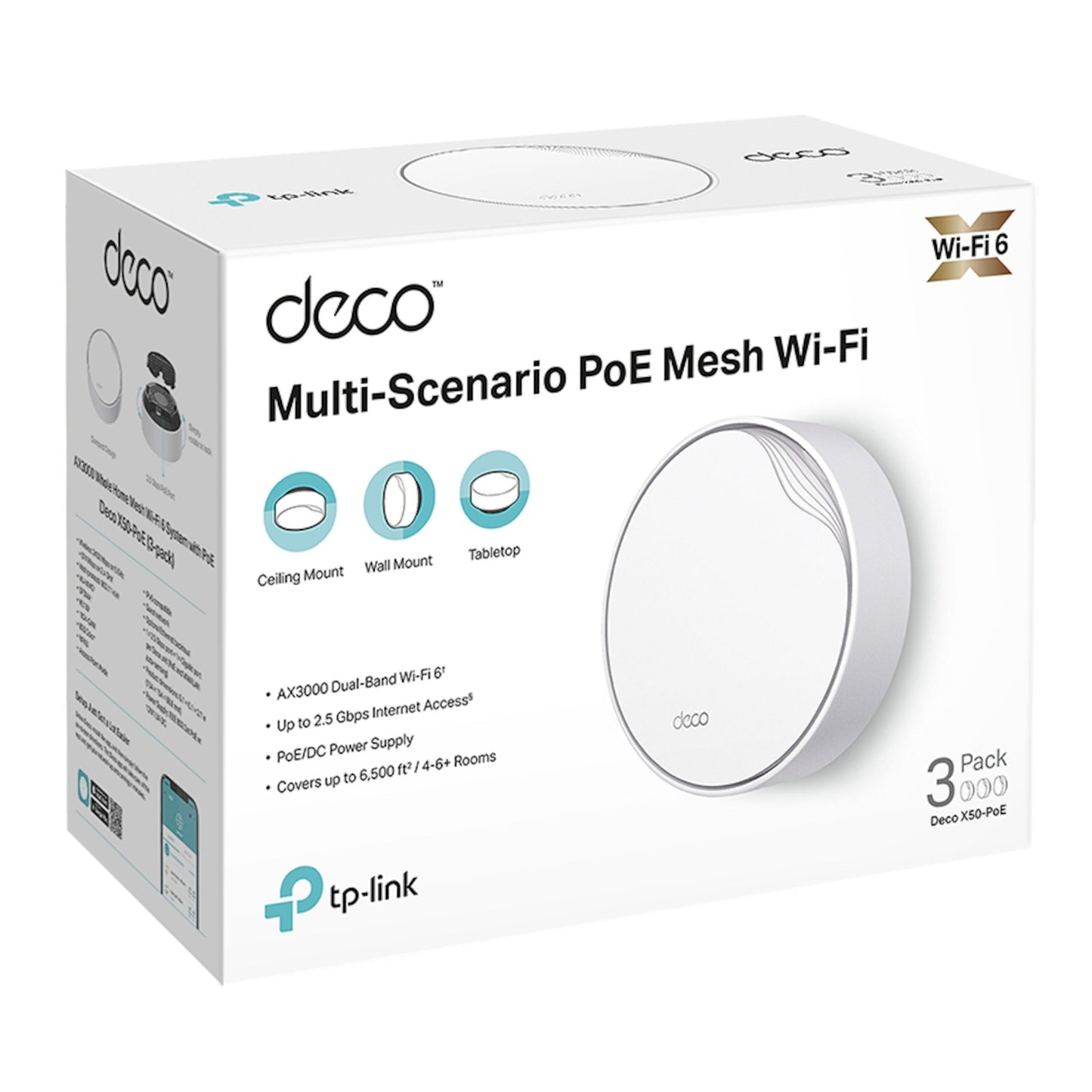 Tp-Link Deco X50-PoE AX3000 3-pak WiFi 6 mesh, hvid enhed, PoE Ethernet support, ikoner til loft/væg/bord montering.
