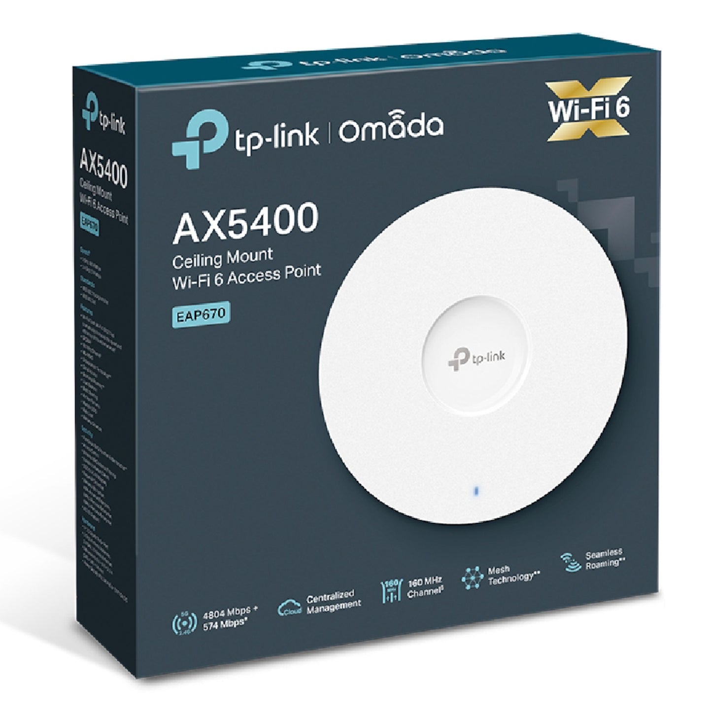 TP-Link Omada EAP670 WiFi 6 AX5400 access point i hvid i original æske med modelnavn, produktinfo og brandlogo.