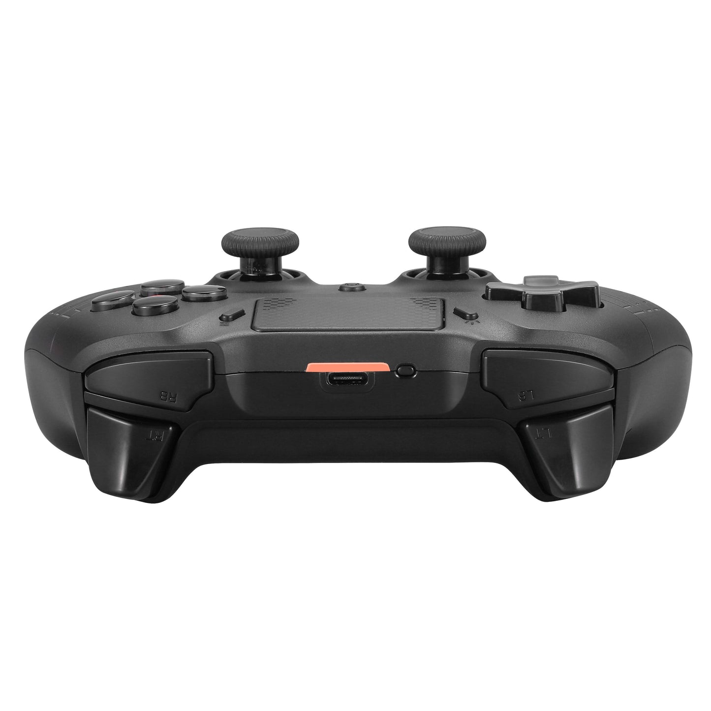 Deltaco Gaming Trådløs håndkontrol til PS4/PC sort, front med to analoge pinde, knapper, skuldertriggere, opladningsport.